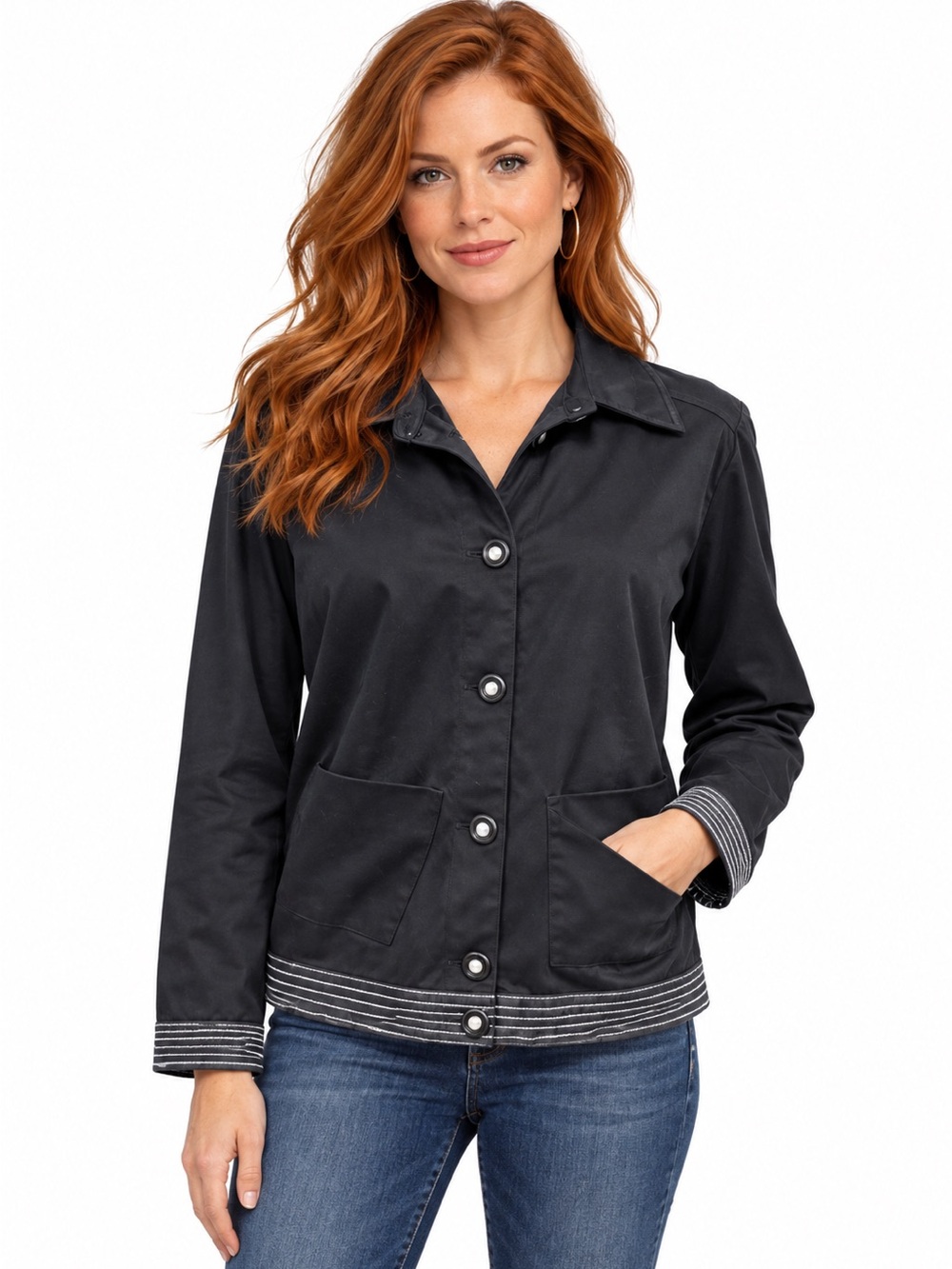 Nancy Bolen Black Jacket with Button Front Contrast Trim Sleeve Stripe sz8